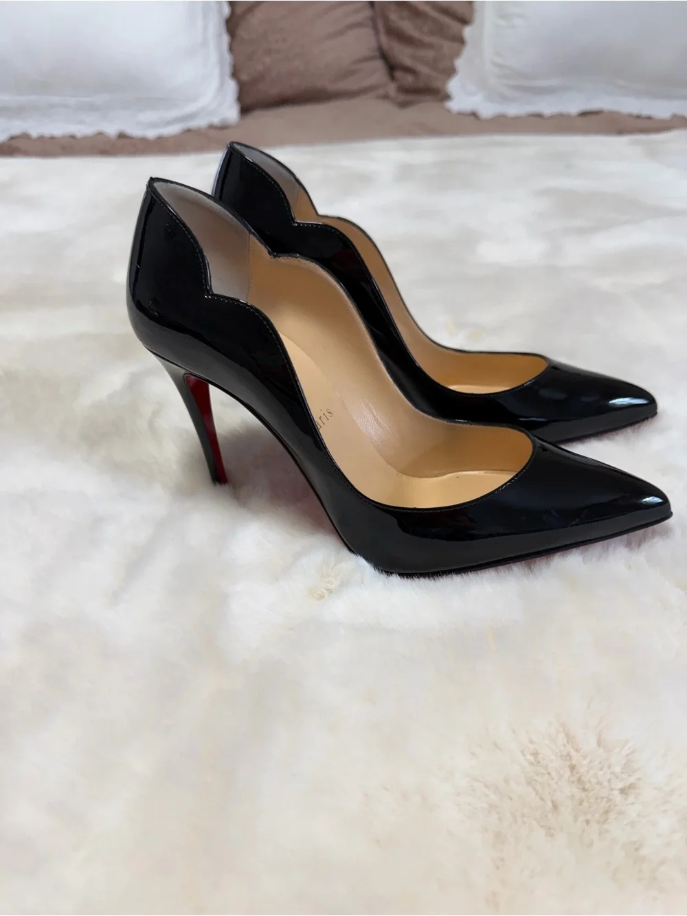 Christian Louboutin Black Patent Scalloped-Edge Stiletto Pump